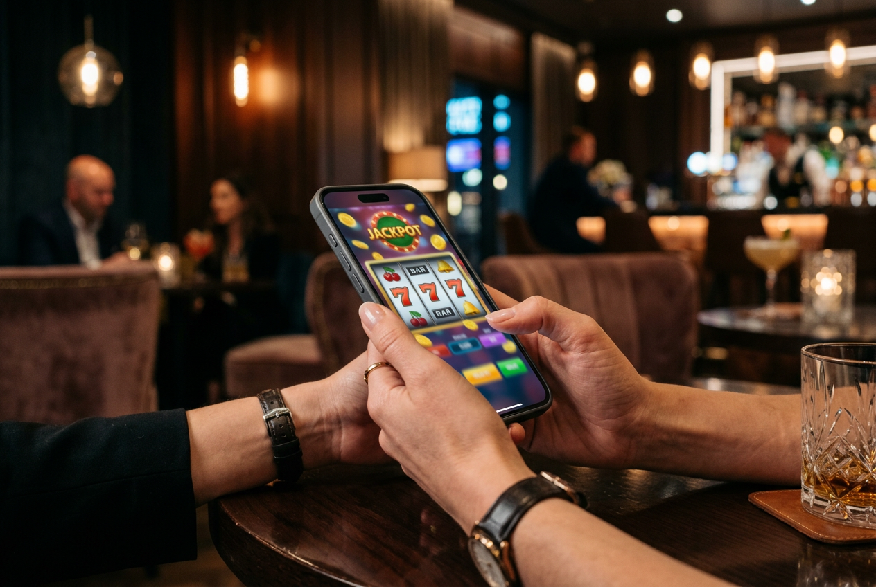 A high-end smartphone showing a digital casino interface in a luxury setting.