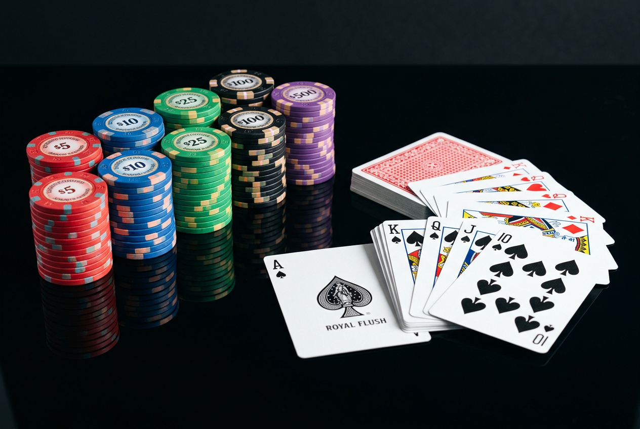 Casino chips and playing cards on a reflective surface representing online gaming.