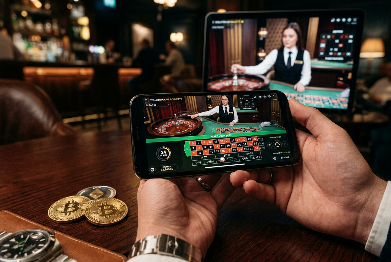 Smartphone displaying live casino roulette with crypto coins